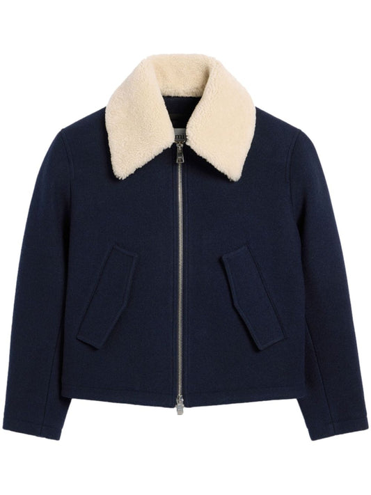 Shearling collar wool bomber jacket